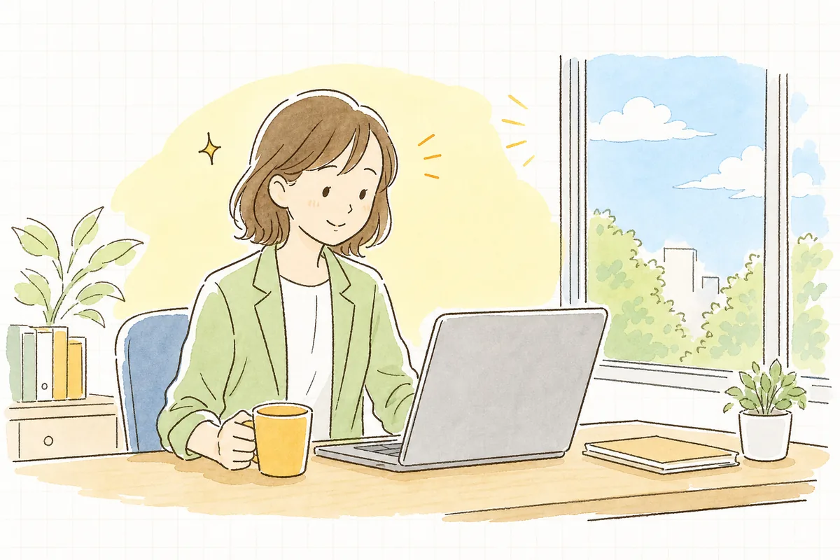 朝のオフィスで、主催者の担当者からの返信メールを読み、ほっとした笑顔を見せるイベント制作ディレクター