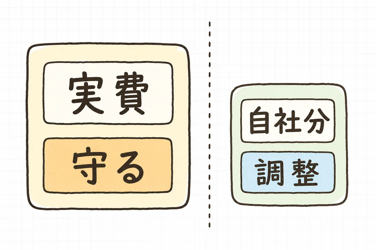イベント見積を「下げにくい実費(外注・機材・人件)」と「調整できる自社分」に切り分け、実費は守りながら中身で調整する考え方を示した横長の概念図
