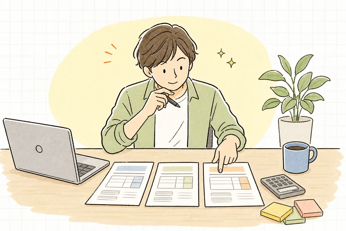 机に3枚の見積書を並べ、金額と内容を見比べながらプランを組み立てているイベント制作ディレクター