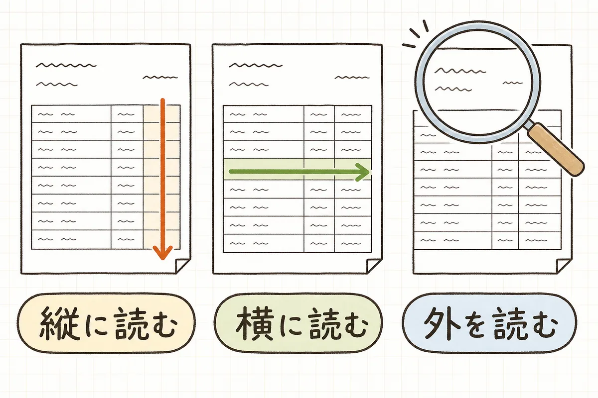 1枚の見積書を3列に並べ、左は金額の列を上から下へなぞる縦の矢印、中央は1行を左から右へなぞる横の矢印、右は見積書の上部の宛名欄を虫眼鏡で見ている様子を描いた、3つの読み方の図