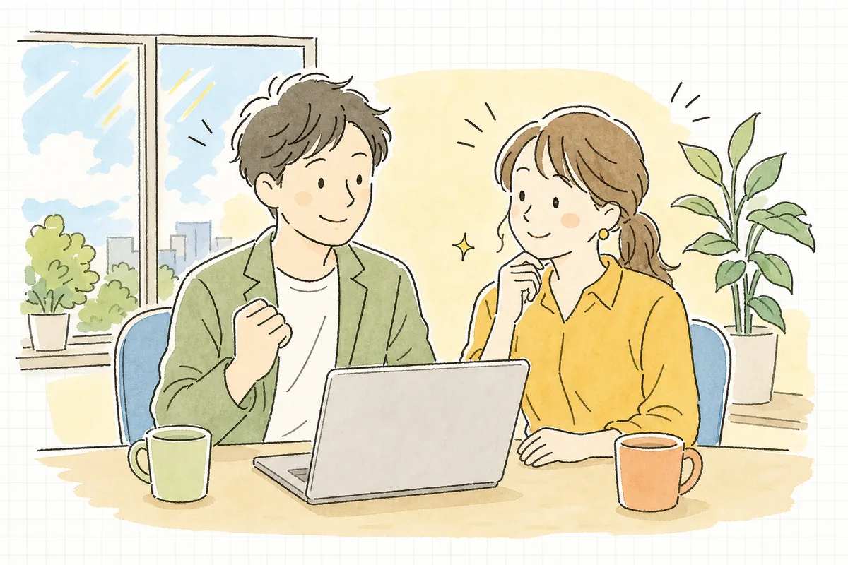 朝のオフィスで、同僚と並んで見積を確認し終え、送信前にほっとした笑顔を交わすイベント制作ディレクター