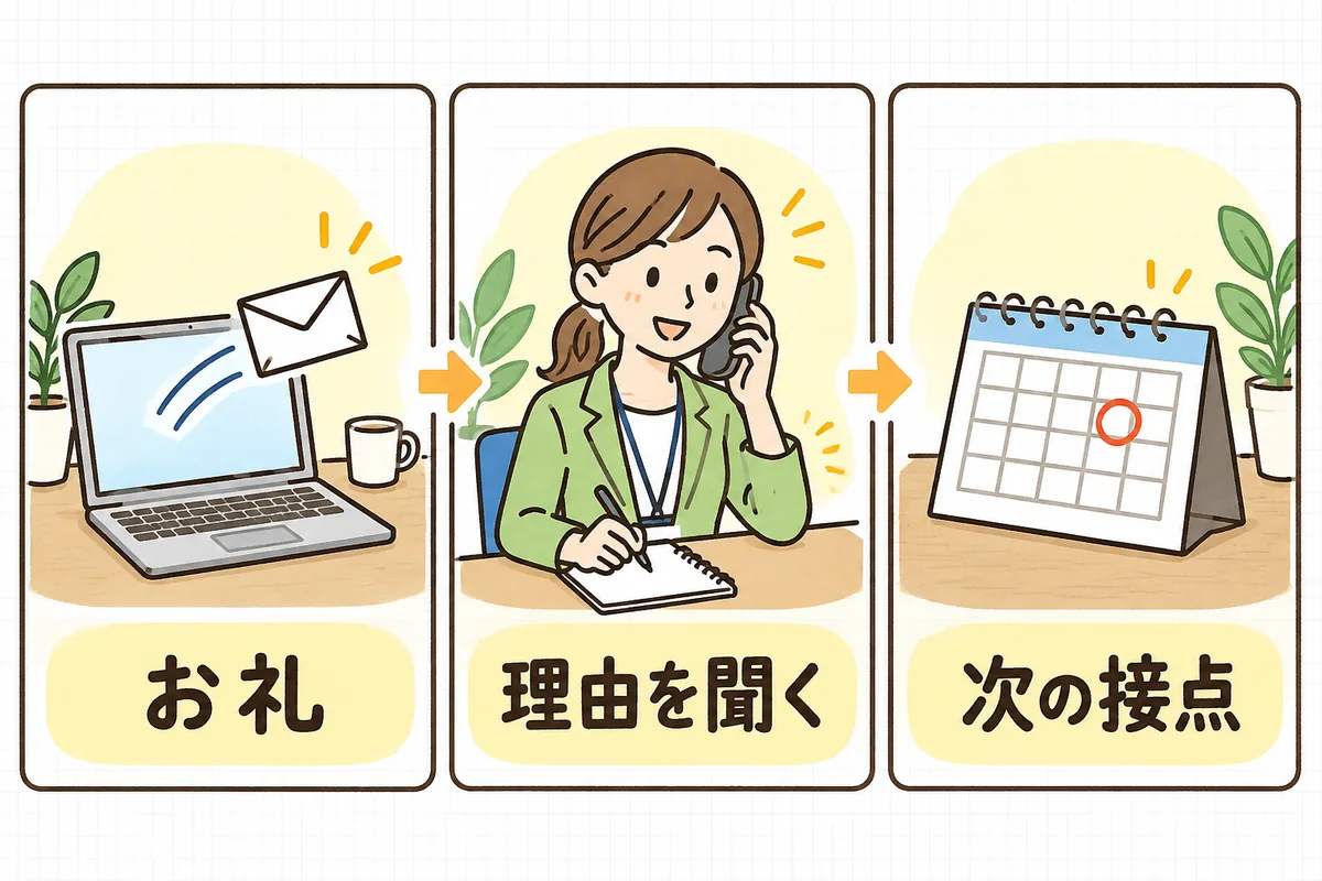 失注後のフォローを3つの列で示した図。左の列はお礼のメールを送るノートパソコン、中央の列は電話で話を聞きながらメモを取る場面、右の列は数か月先に印がついた卓上カレンダー