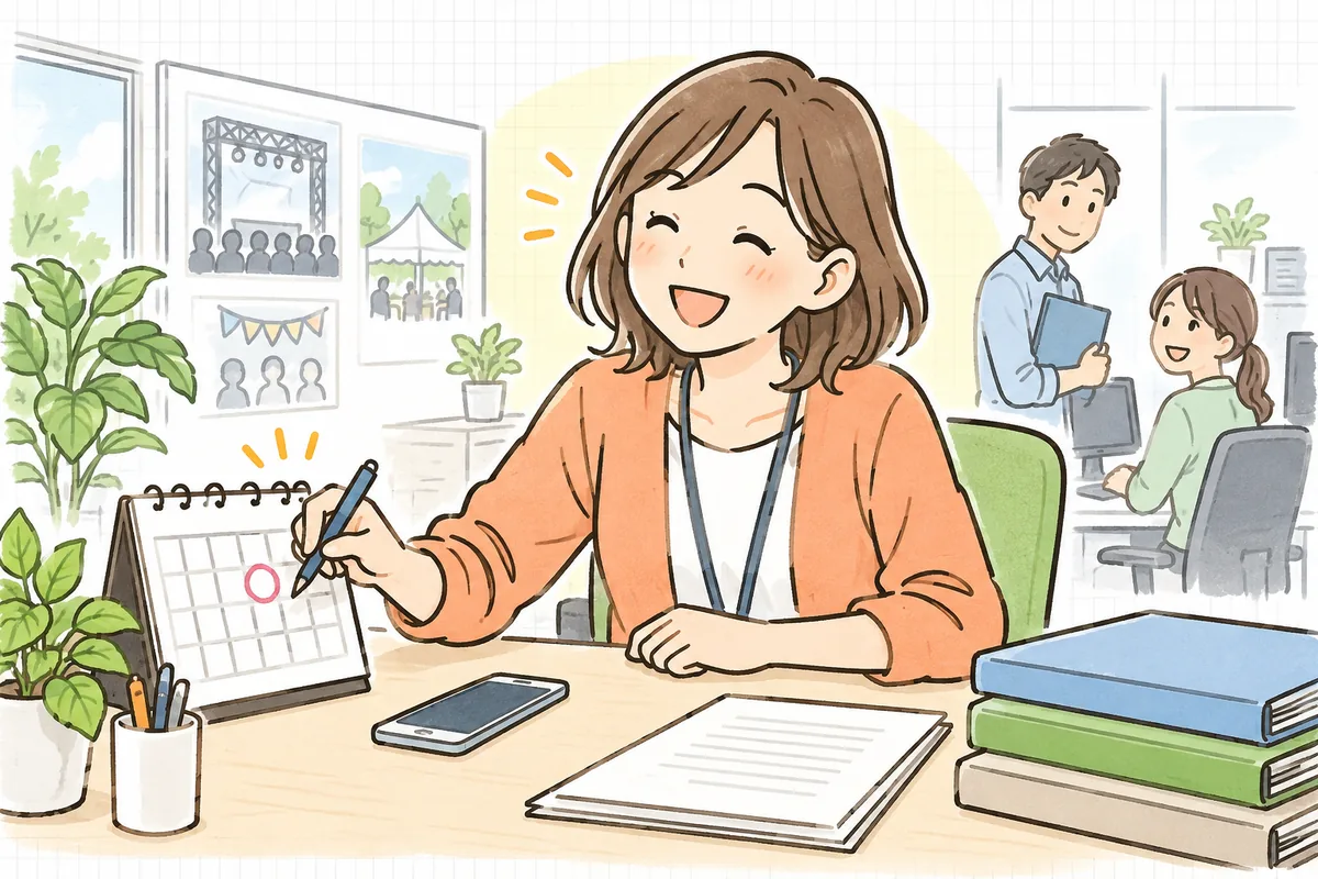 明るい午前のオフィスで、電話を終えたイベント制作ディレクターが、卓上カレンダーに次の打ち合わせの予定を書き込みながら、うれしそうに微笑んでいる