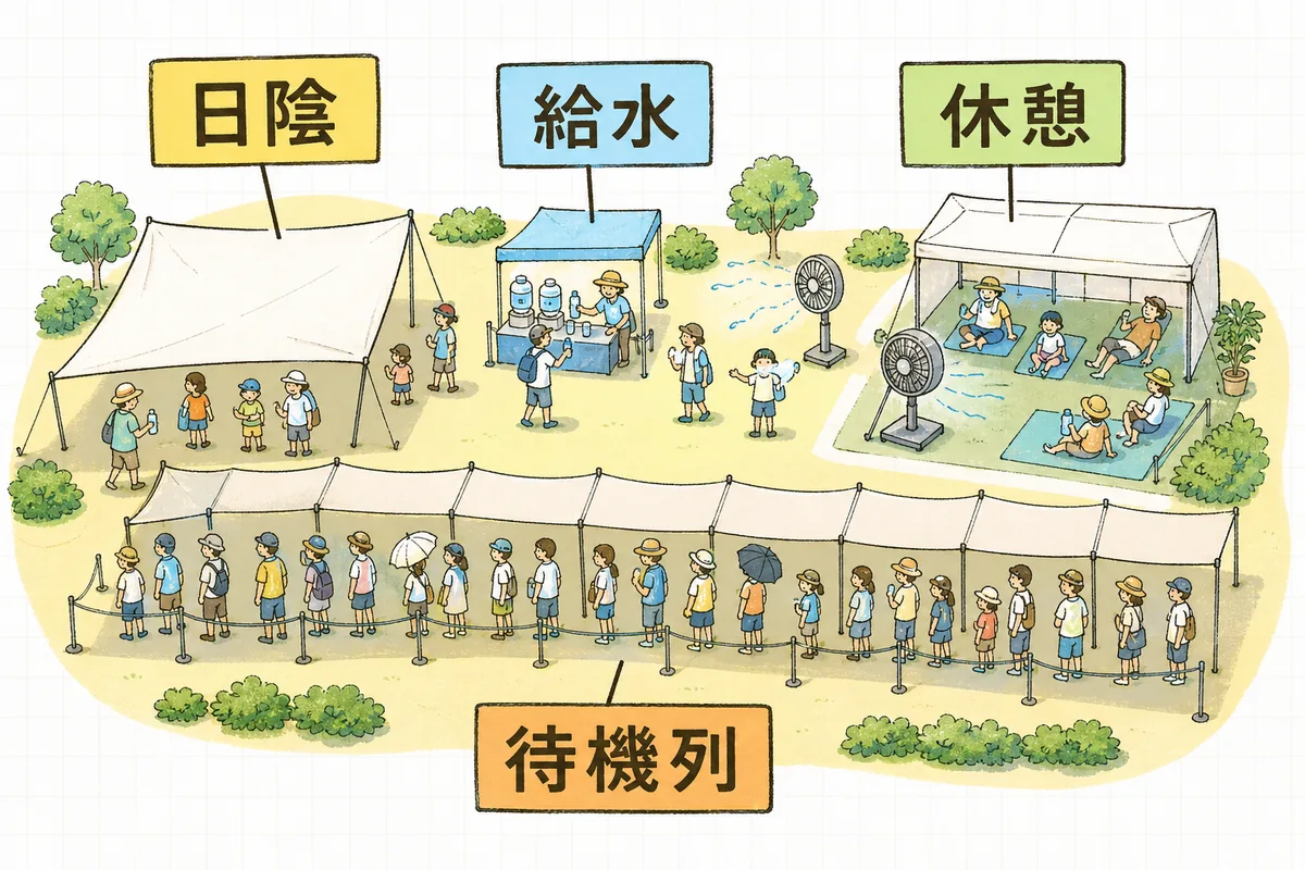 屋外イベント会場に配置する暑さ対策(日よけテント、給水所、ミスト、休憩スペース、待機列の日陰)を俯瞰で示した図