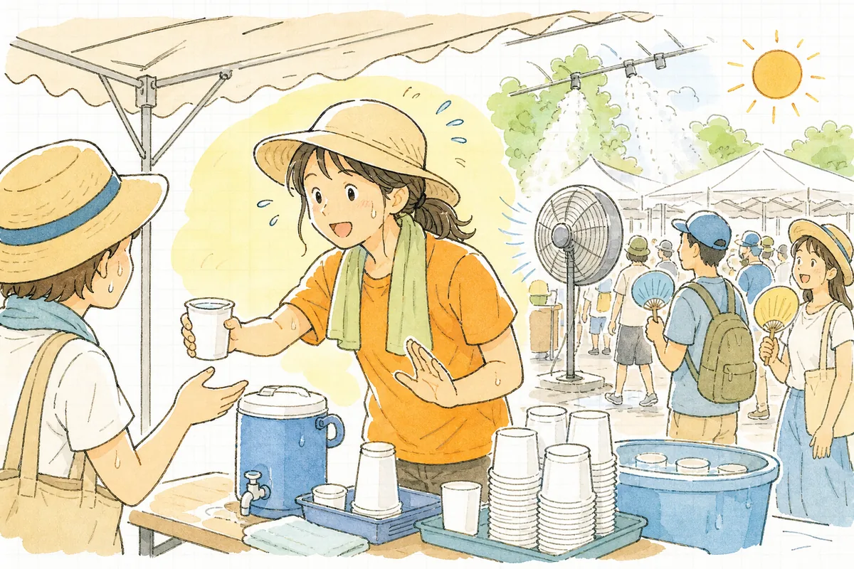 真夏の屋外イベント会場で、日陰の給水スポットに立ち、来場者に水を手渡しながら体調を気づかうイベントスタッフの様子