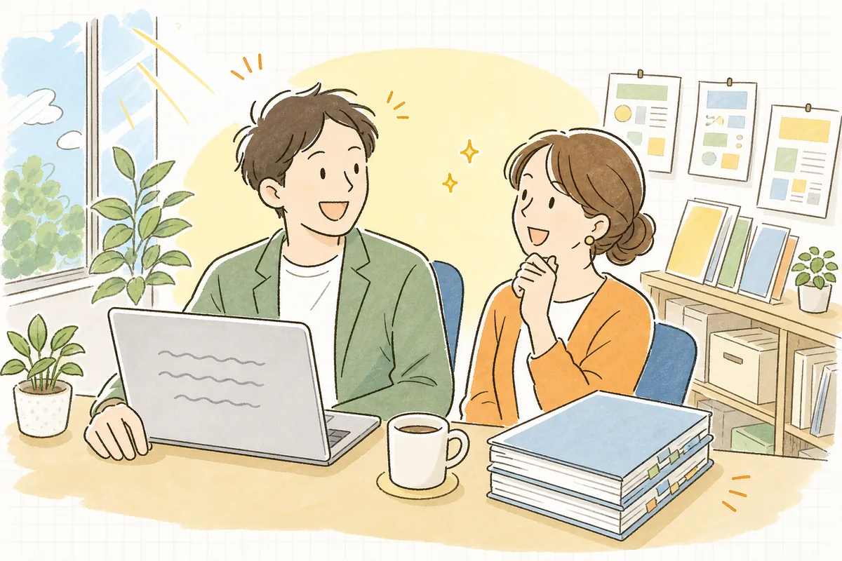 数日後の明るいオフィスで、協力会社から届いた返信メールを読み、同僚と顔を見合わせてほほえんでいるイベント制作ディレクター
