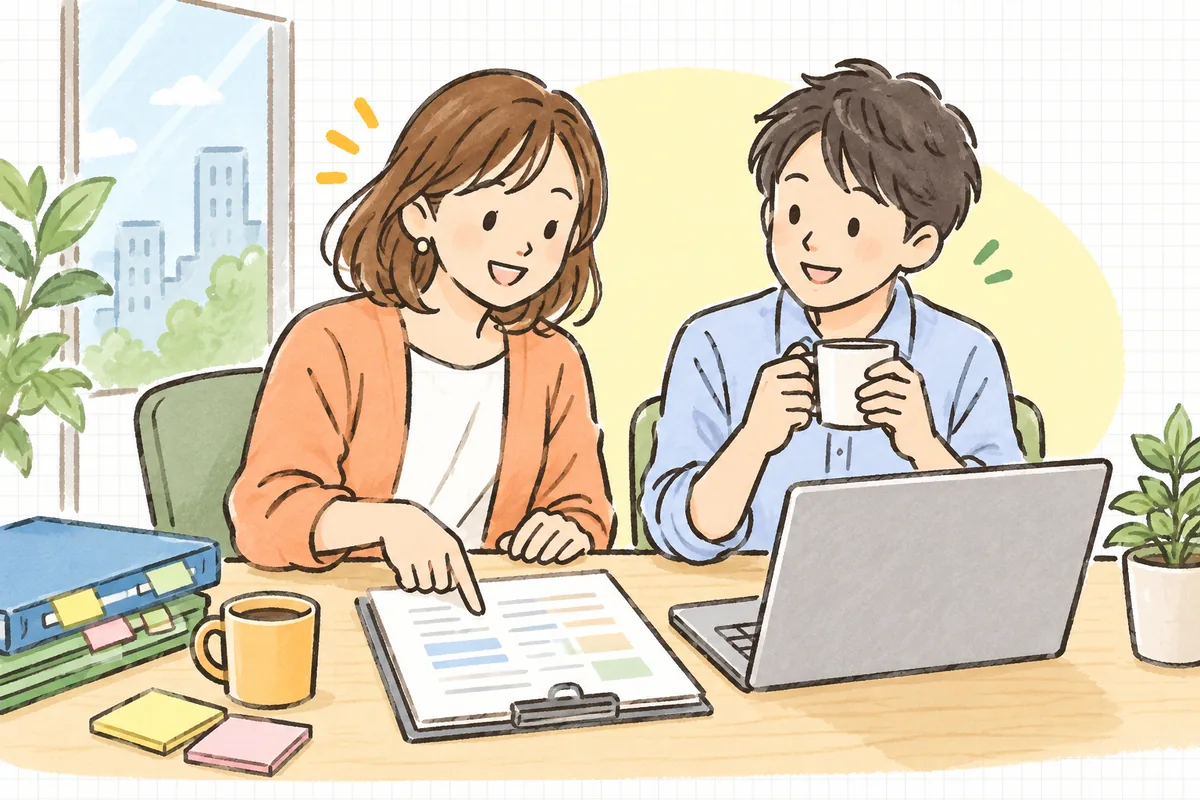 明るい午前のオフィスで、イベント制作ディレクターが前の案件のメモを手元に置き、同僚と笑顔で次の案件の見積を組み立てている