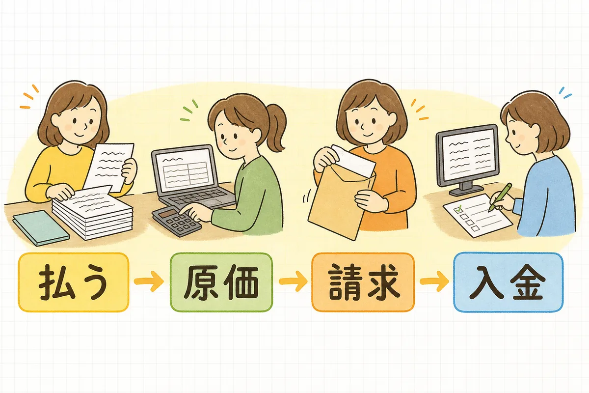 イベント案件の精算締めを「払う」「原価」「請求」「入金」の4つの順番で進めることを示した概念図