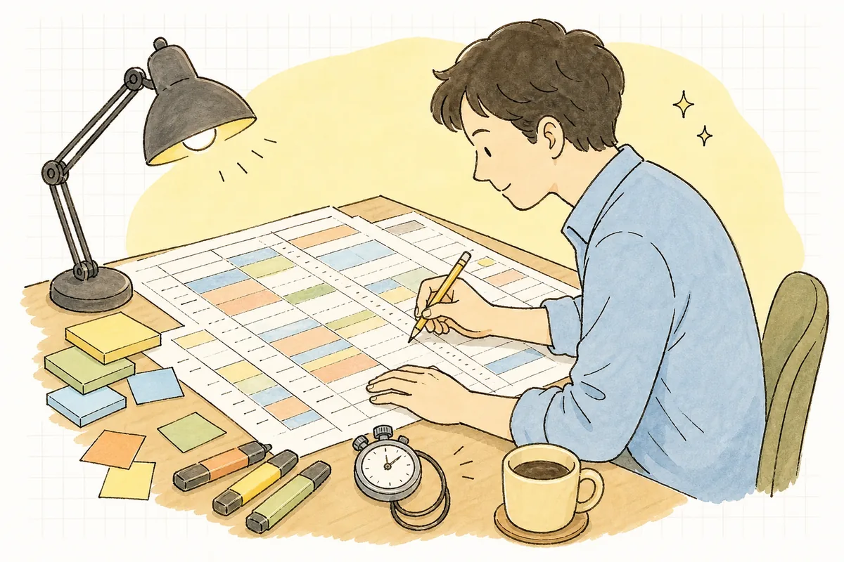 分刻みの進行表を広げ、区切りごとに余白の時間を書き込みながら当日の時間割を組んでいるイベント制作ディレクターの手元と横顔