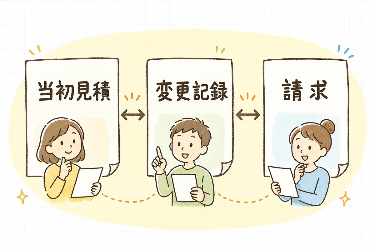 精算時に、当初の見積・当日出た変更の記録・届いた請求の3つを突き合わせて確認する流れを示した概念図