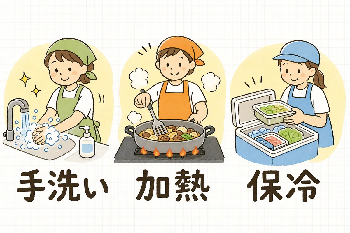 イベント当日の食品提供で気をつける「手洗い・消毒」「加熱の管理」「食材を常温で放置しない」の3つの基本を示した図