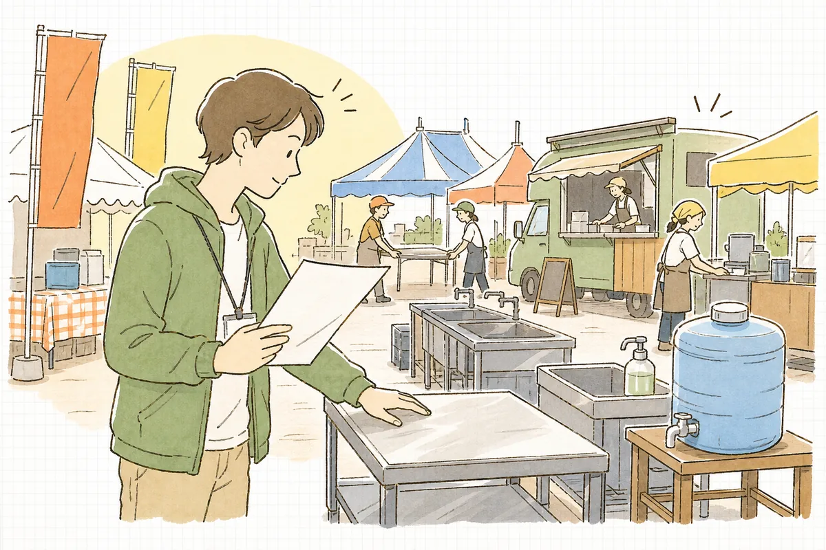 イベント会場の模擬店エリアで提供メニューと調理台を確認しながら保健所への届出書類を手に段取りを進めるイベント制作ディレクター