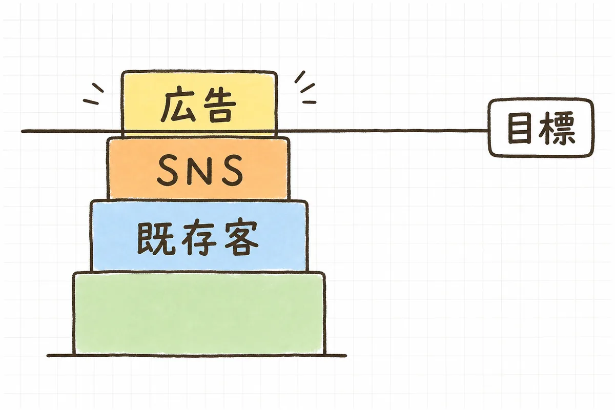 目標動員数に向けて複数の告知チャネル(既存客・主催者網・SNS・広告)から集客数を積み上げ、合計が目標を超えるように配分する考え方を示した横長の概念図