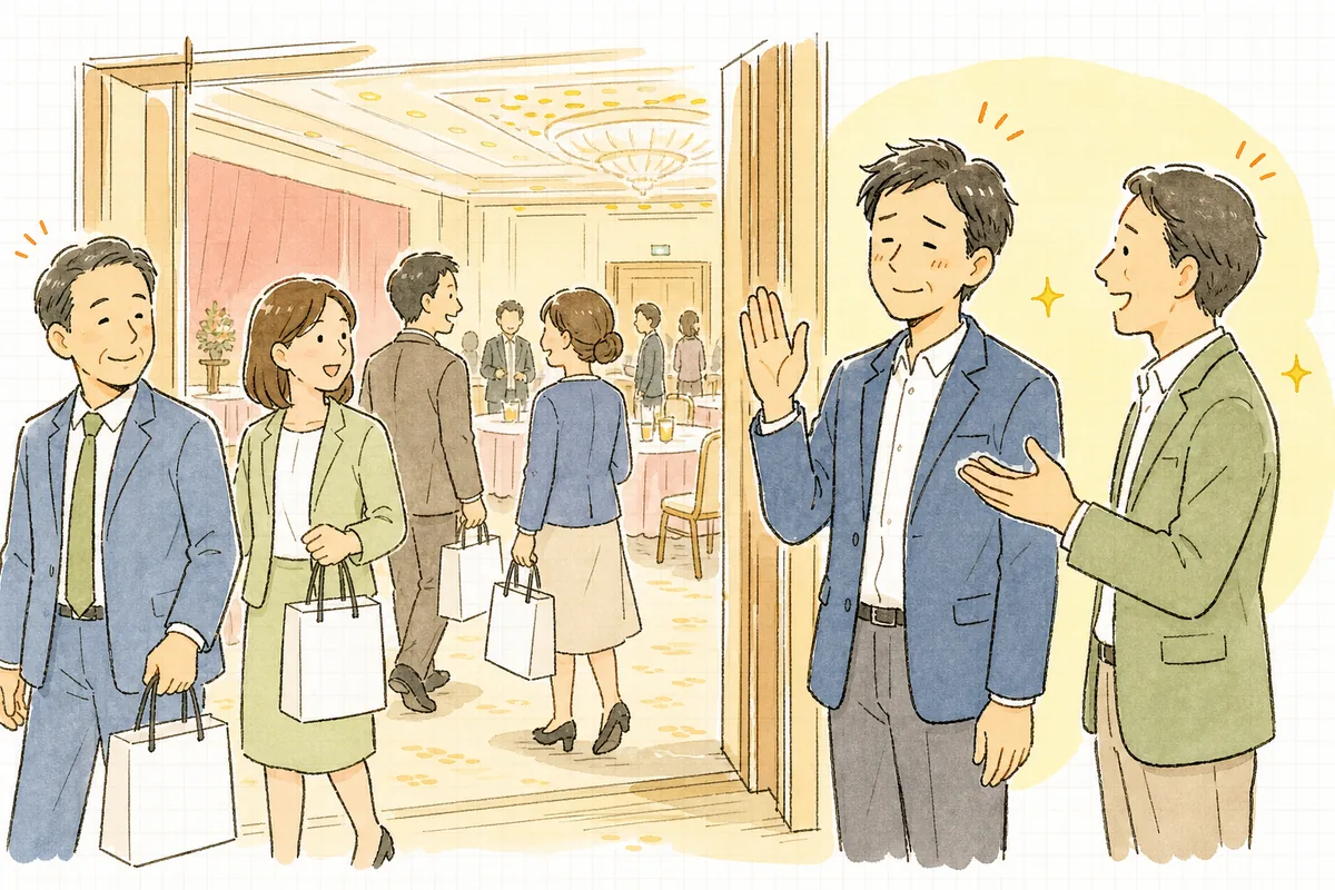 周年式典が終わった会場の入口で、見送りに立つイベント制作ディレクターと、笑顔で会話しながら会場を出ていく参加者たち