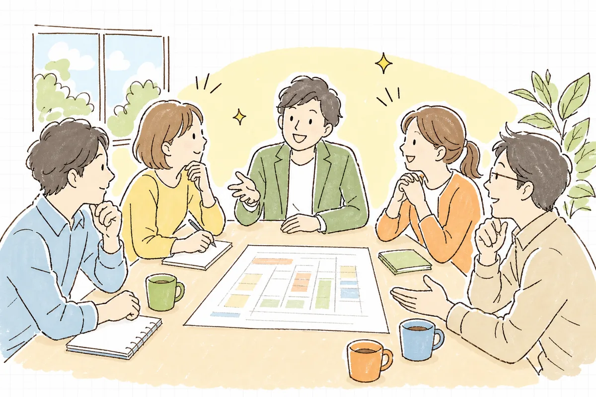 明るい会議室で、収支計画の一枚を前に、プロデューサーとチームが穏やかに顔を上げて次の打ち手を話し合っている場面