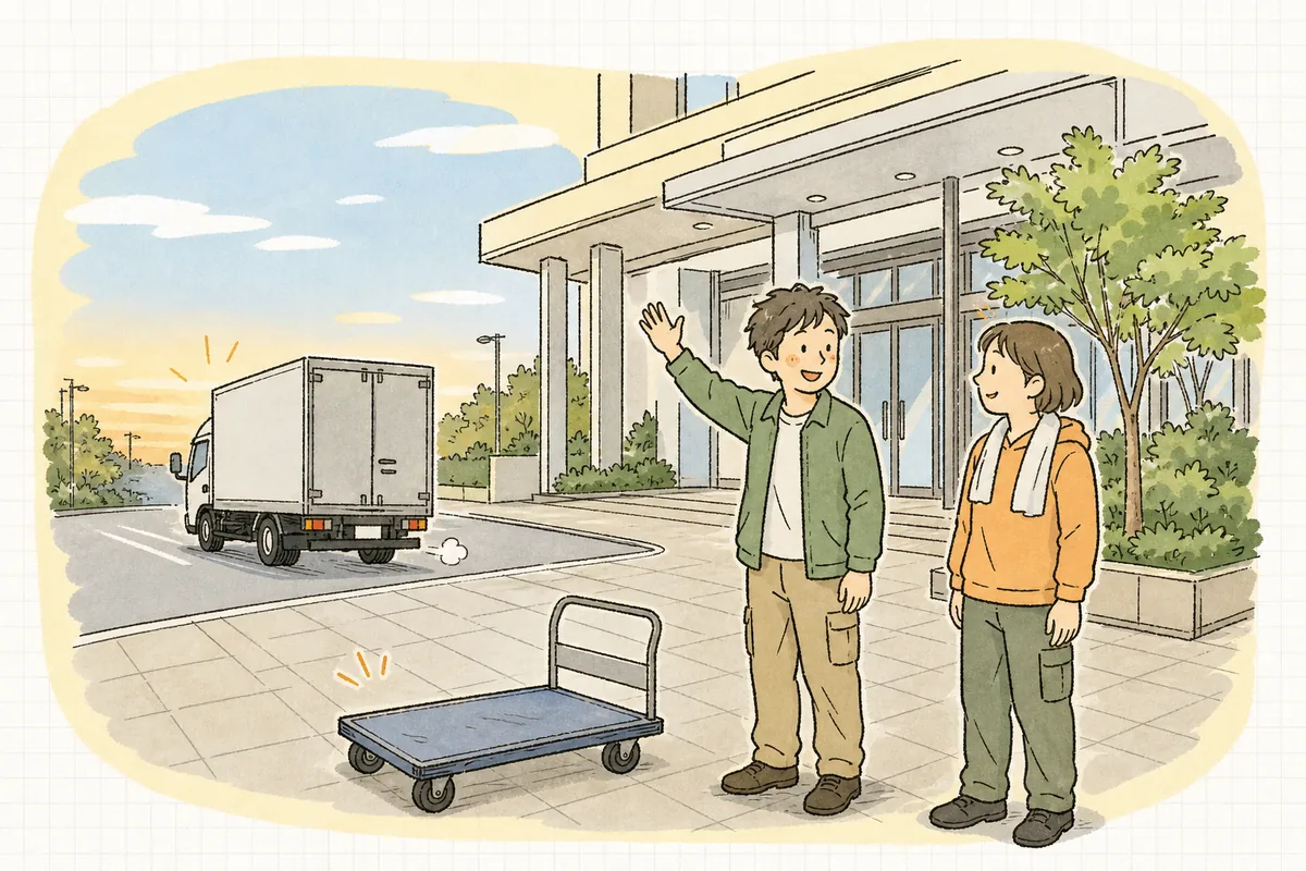 撤収が終わった明け方の会場前で、機材車を見送りながらスタッフ同士が笑顔で言葉を交わしているイベント制作ディレクター