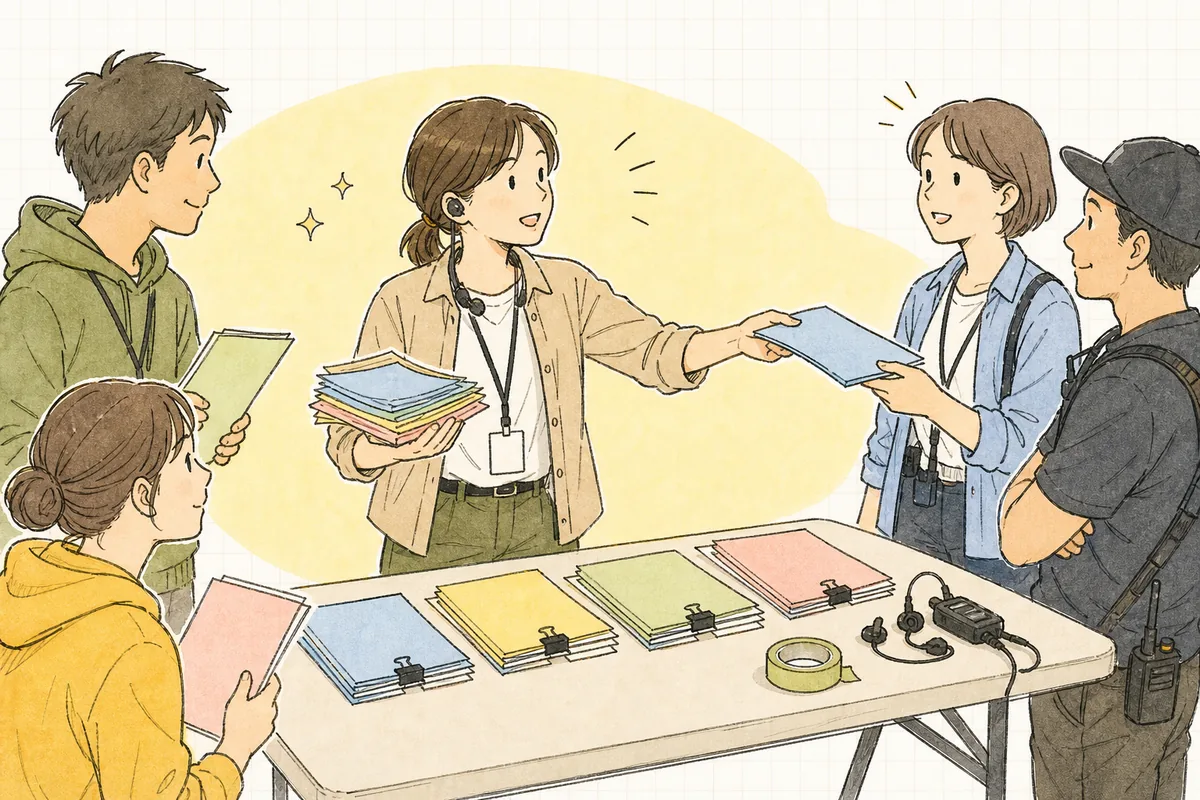 当日朝の会場で、宛先ごとに分けたタイムテーブルの紙束を関係者に手渡しながら、一人ひとりに要点を伝えているイベント制作ディレクターの様子