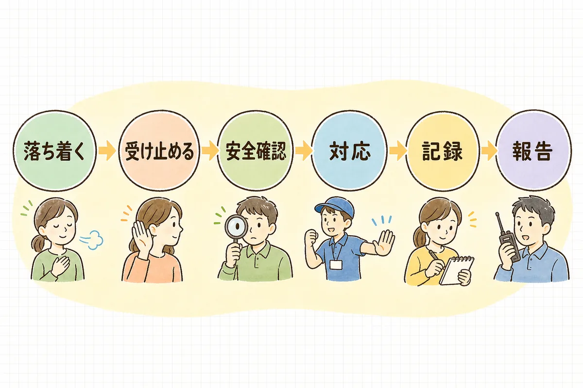 クレーム・トラブルを受けたときの初動の順番「落ち着く→受け止める→安全確認→対応→記録→報告」を左から右へ並べたフロー図