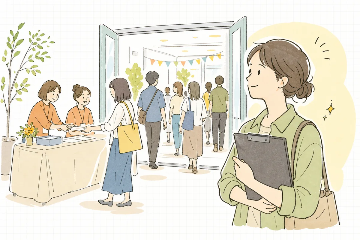 開場後、受付がスムーズに流れて落ち着いた会場の入口で、ひと息つくイベント制作ディレクターの穏やかな表情
