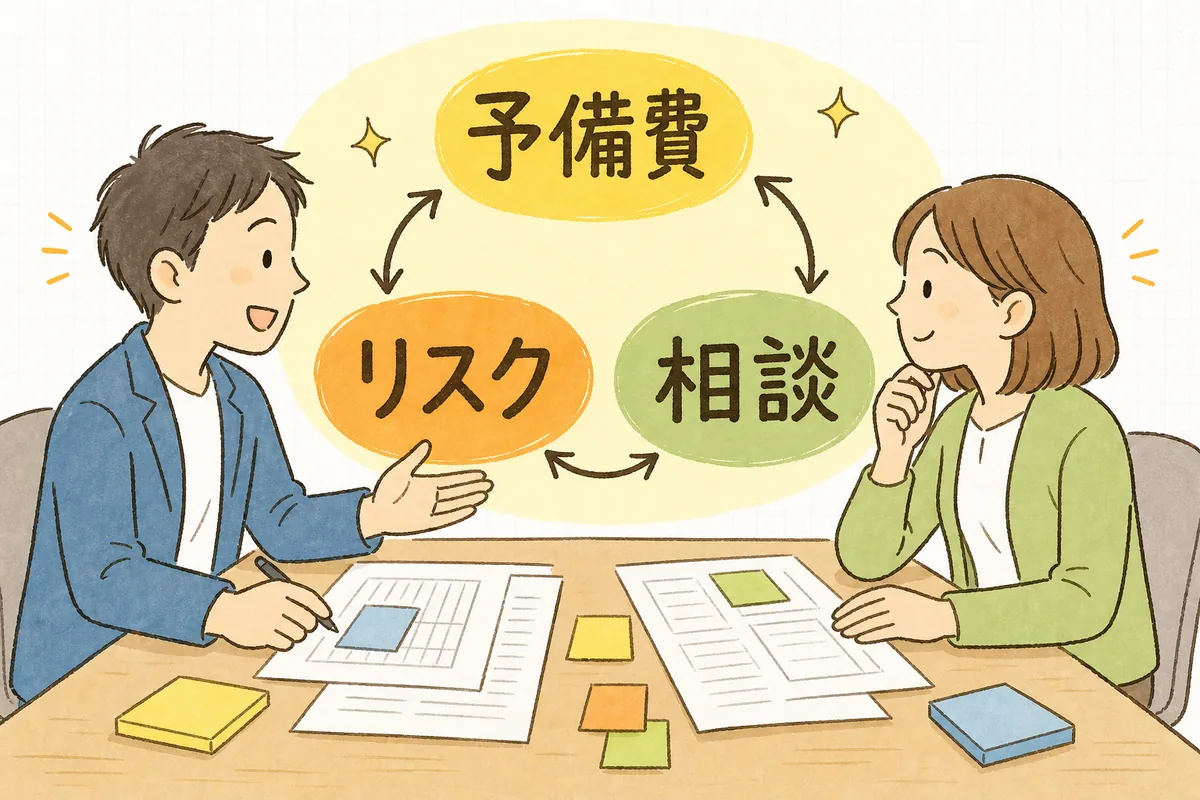 予備費や諸経費を一律に削るのではなく、リスクと引き換えであることを説明したうえで一緒に判断する対話の様子を示した図