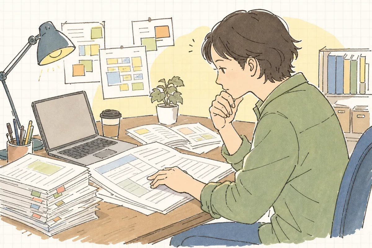 予算を超えた見積の集計欄を前に、どの項目から削るべきか手を止めて考え込んでいるイベント制作ディレクターの横顔と机の上の資料