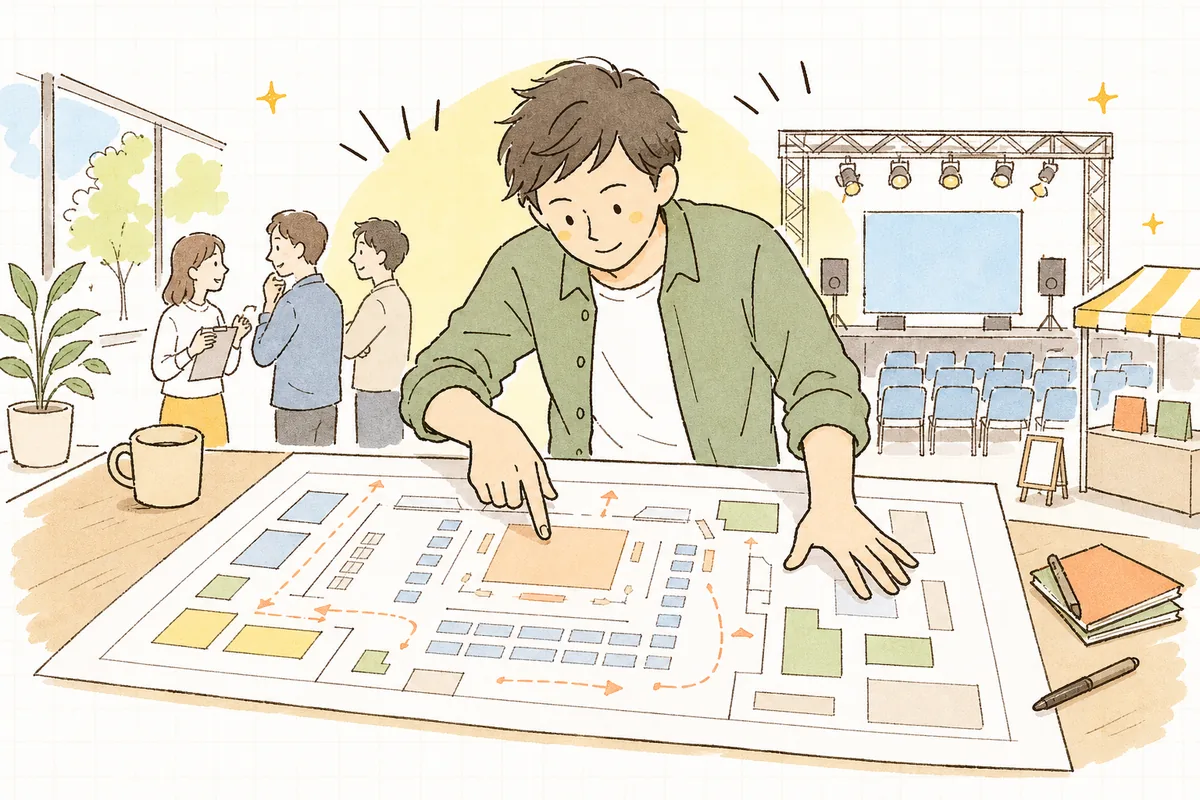 会場の平面図を広げ、什器の配置やステージ位置を指でたどりながら確認するイベント制作ディレクター